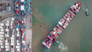 Aerial View of a shipping container near port
