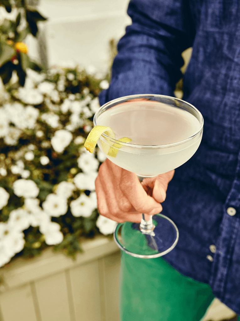Person holding a martini with a lemon twist