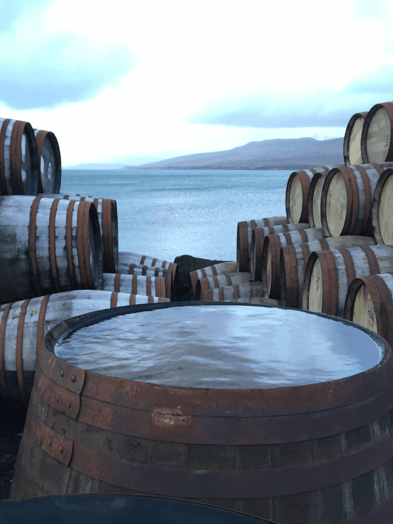 Bulk Scotch Whisky ageing in casks beside a loch
