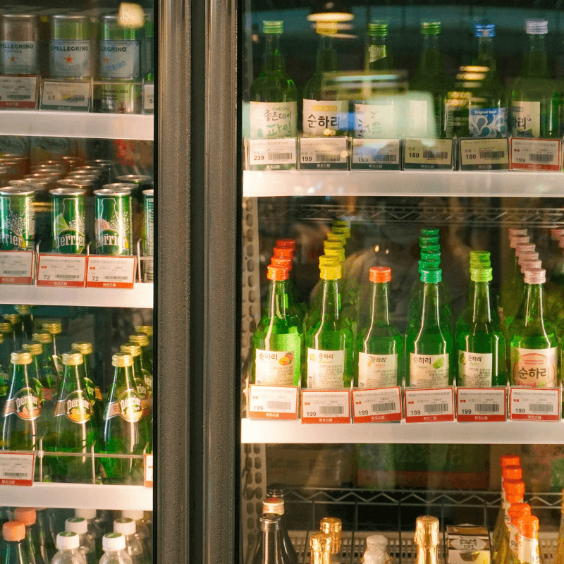 Bottles of Soju in refrigerator