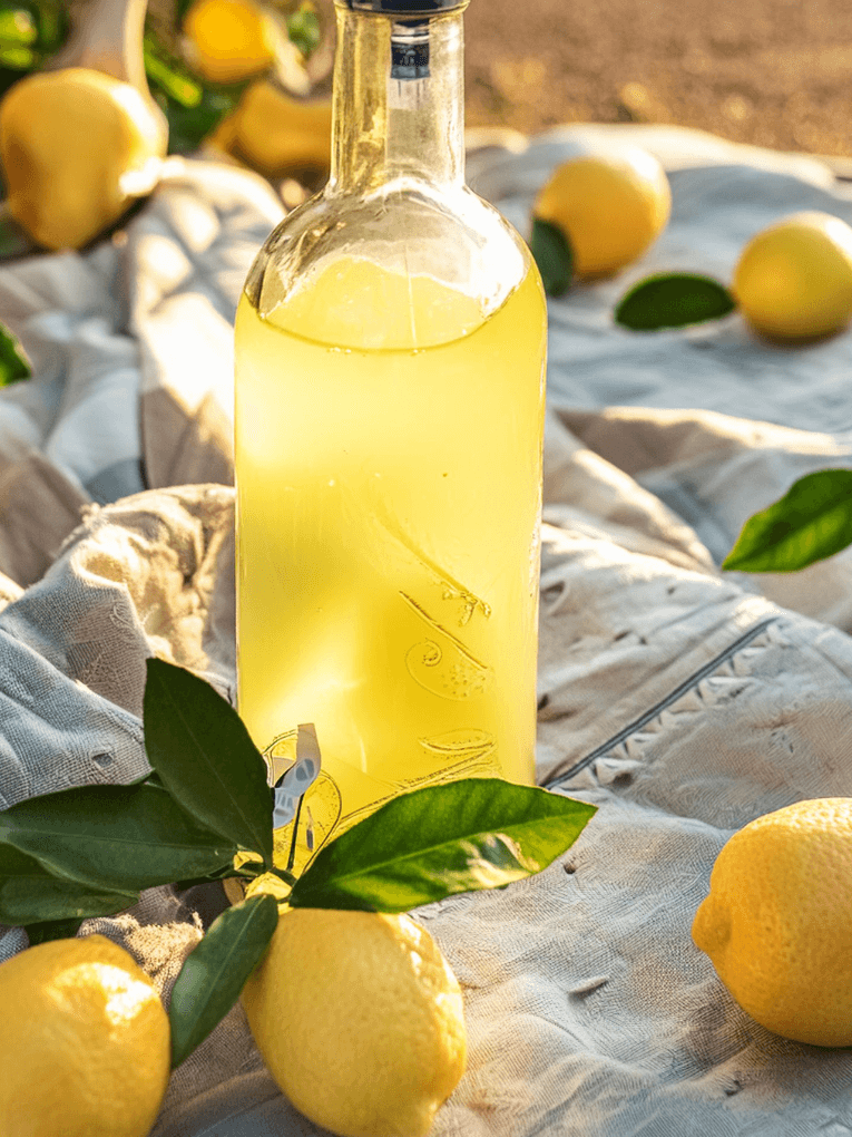 Bottle of citrus alcohol with lemons beside it