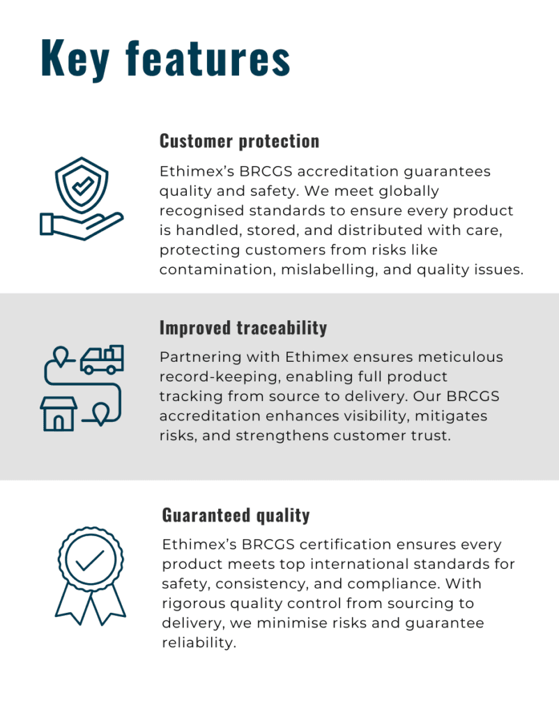 Key features diagram including information on customer protection, improved traceability and guaranteed quality.